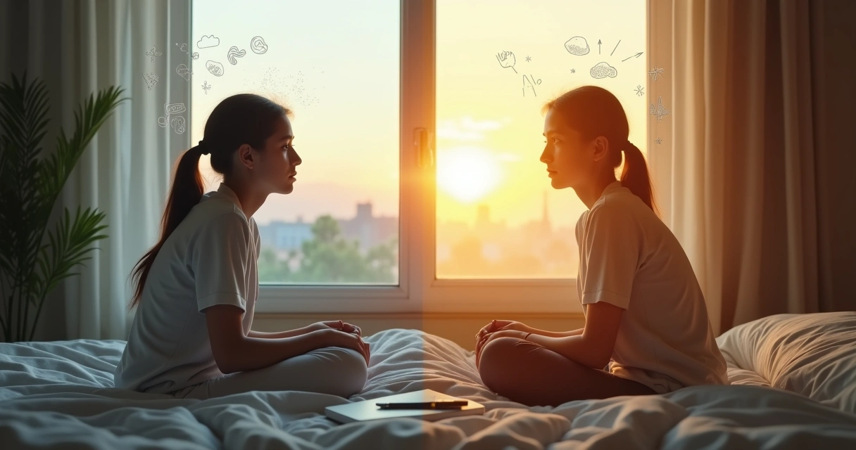 Persona mirando su reflejo con pensamientos negativos y positivos 