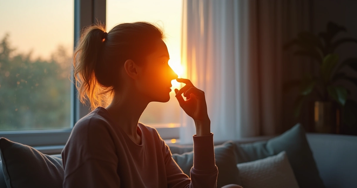 Mujer pensativa con silueta oscura detrás y luz suave frente a ella 