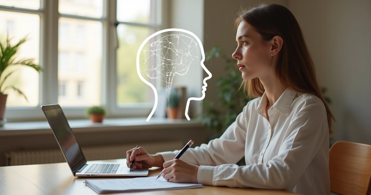Mujer observando diagramas mentales y rompiendo cadenas simbólicas en la mente 