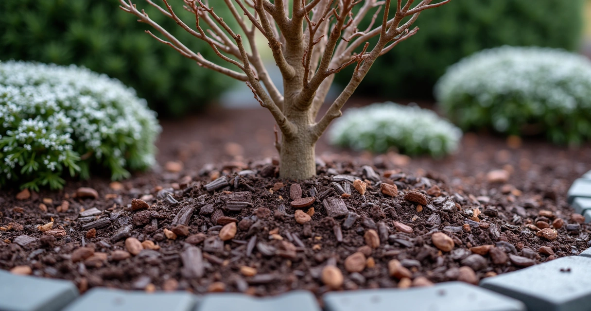 Thick mulch layer around garden plants in winter in Austin