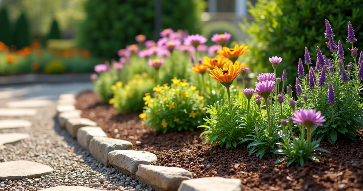 Mulched flower beds with stone border around low shrubs