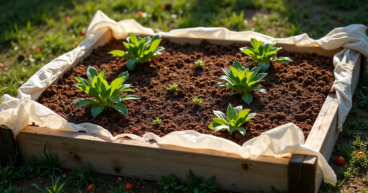 Garden bed showing a thick layer of mulch around plant stems