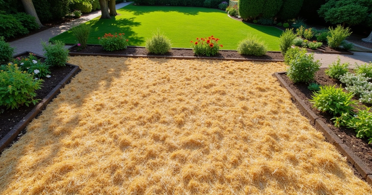 Layer of light-colored straw mulch covering planted flower bed 