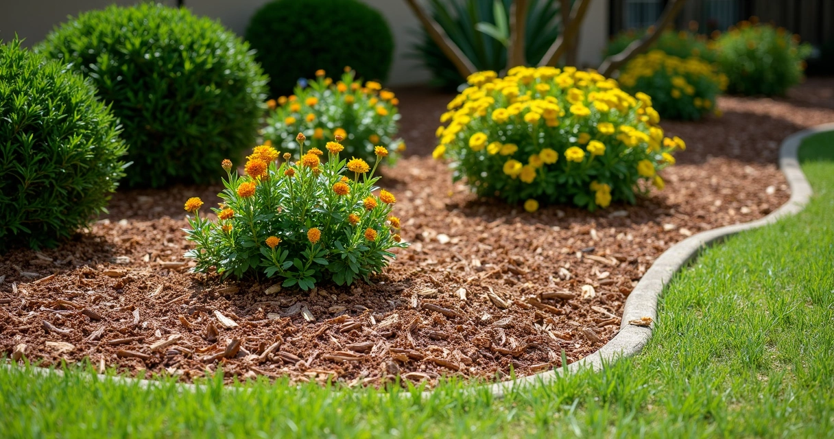 Freshly mulched Texas garden bed with native shrubs and flowers 