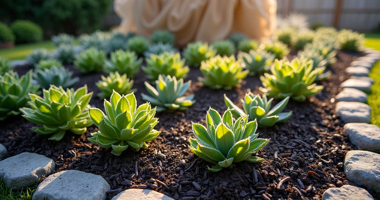 Mulched garden bed with young plants protected by frost cloth and wind barriers