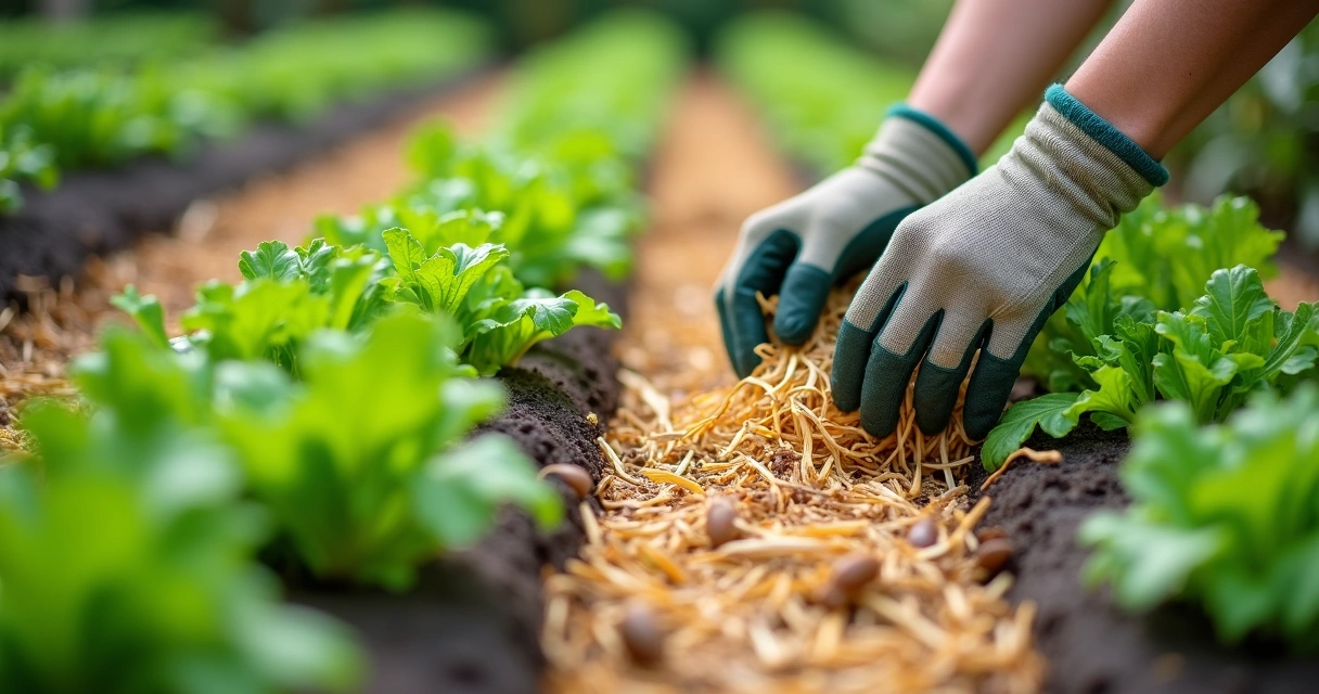Horta residencial com cobertura de palha entre as plantas 