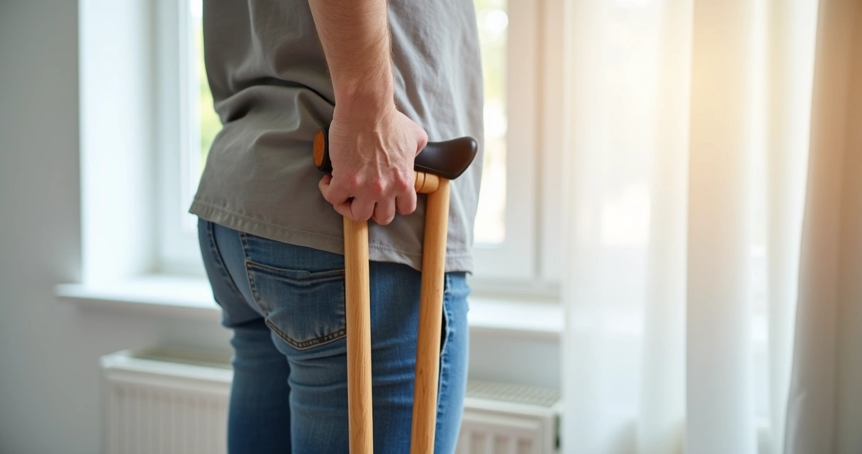 Pessoa usando muleta axilar durante a caminhada 