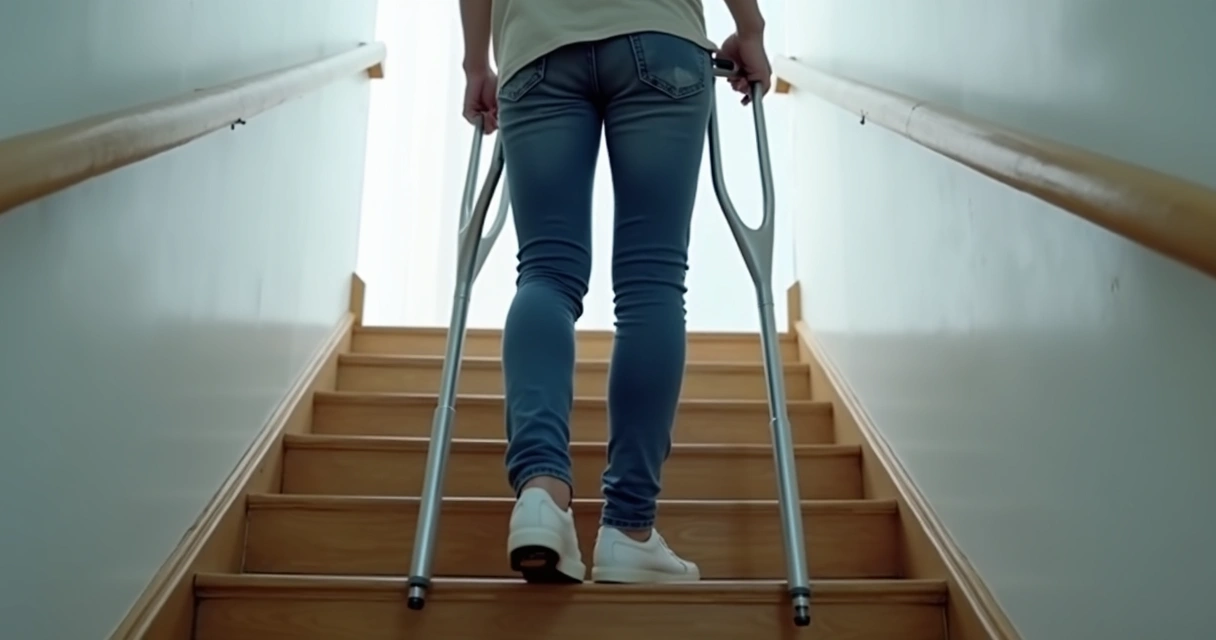 Pessoa com muleta subindo escada 