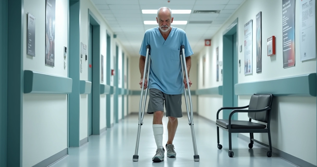 Homem utilizando muletas ortopédicas em um corredor de hospital moderno 