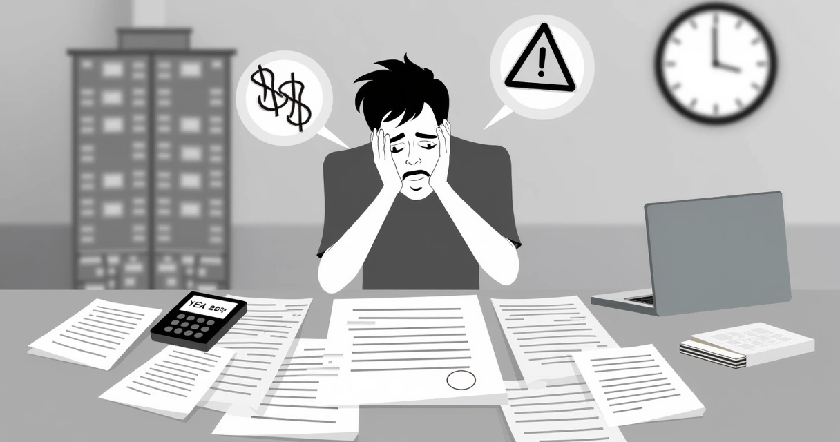 Ilustração de uma pessoa preocupada analisando um contrato complicado e calculando multas de distrato.