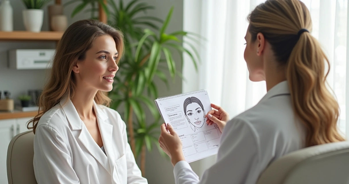 Mulher de 40 anos recebendo avaliação para harmonização facial
