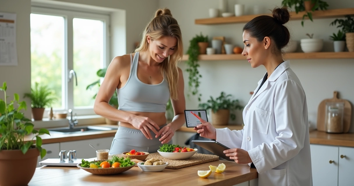 Mulher acima de 40 anos preparando refeição saudável ao lado de nutricionista mostrando gráficos de emagrecimento em tablet 