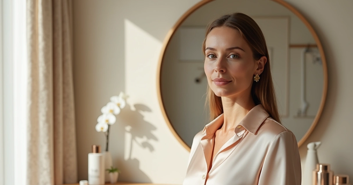 Mulher de mais de 40 anos sorrindo suavemente ao se olhar no espelho após harmonização facial 