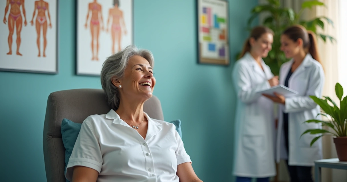 Mulher de 50 anos sorrindo em clínica aguardando exames médicos 