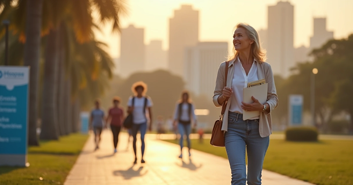 Mulher de 50 anos caminhando no Eixo Monumental em Brasília ao entardecer 