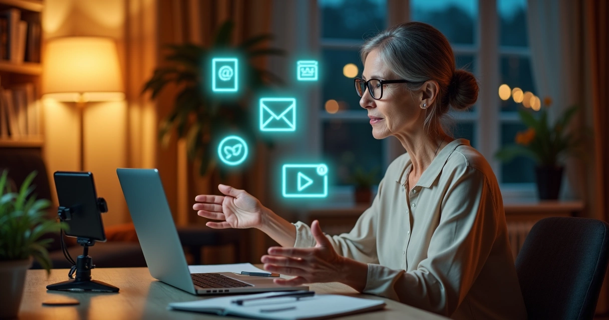 Mulher de 50 mais gravando aula online em ambiente moderno e acolhedor 