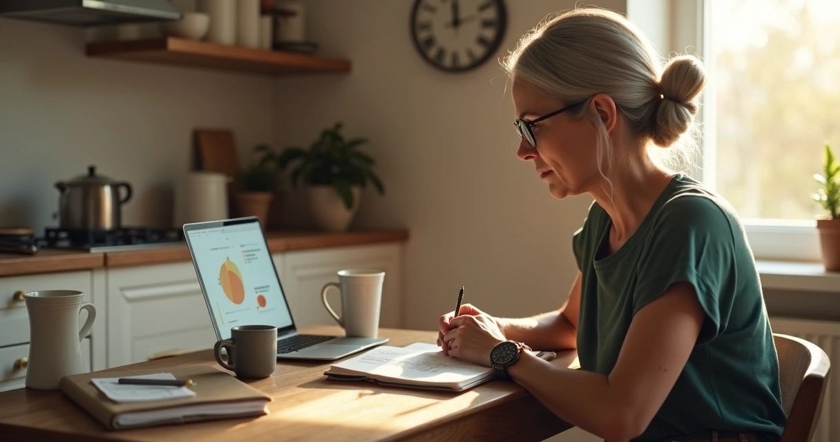 Mulher 50 mais consultando relógio de pulso enquanto planeja renda digital na mesa 