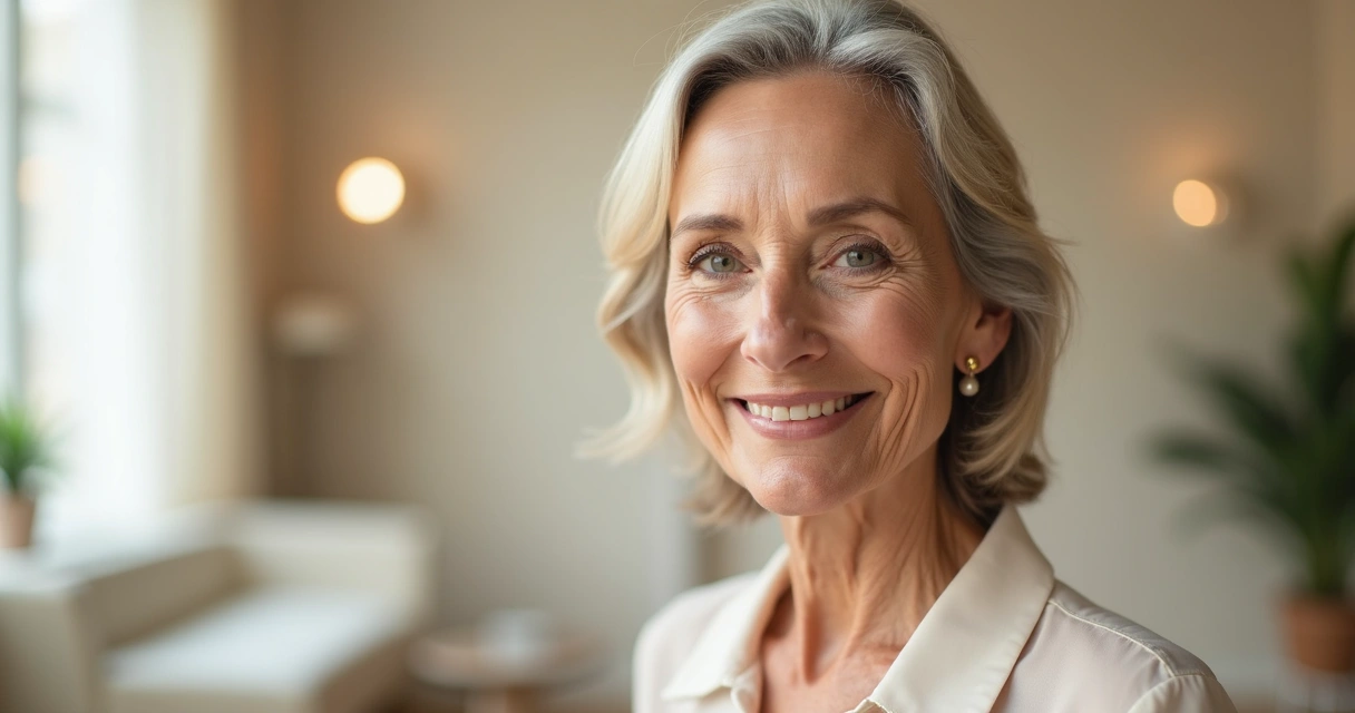 Mulher de 72 anos com pele madura e pescoço bem cuidado em ambiente elegante de clínica estética 