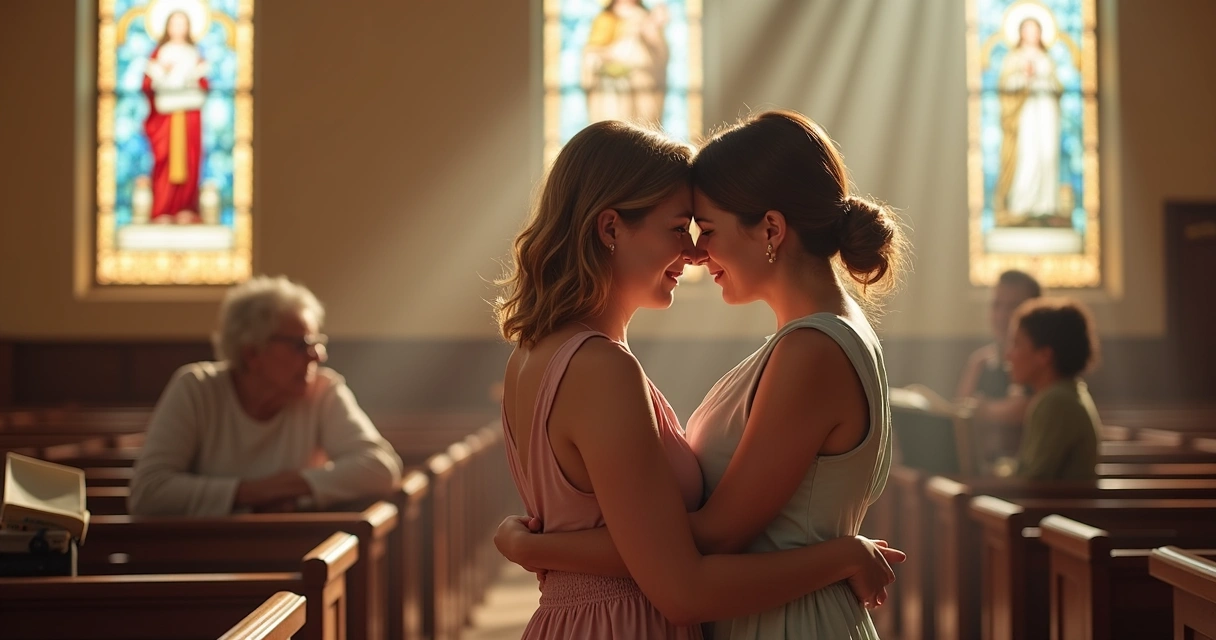 Mulher abraçando amiga em ambiente de igreja 