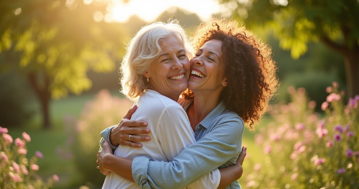 Mulher abraçando filha adulta em jardim ensolarado