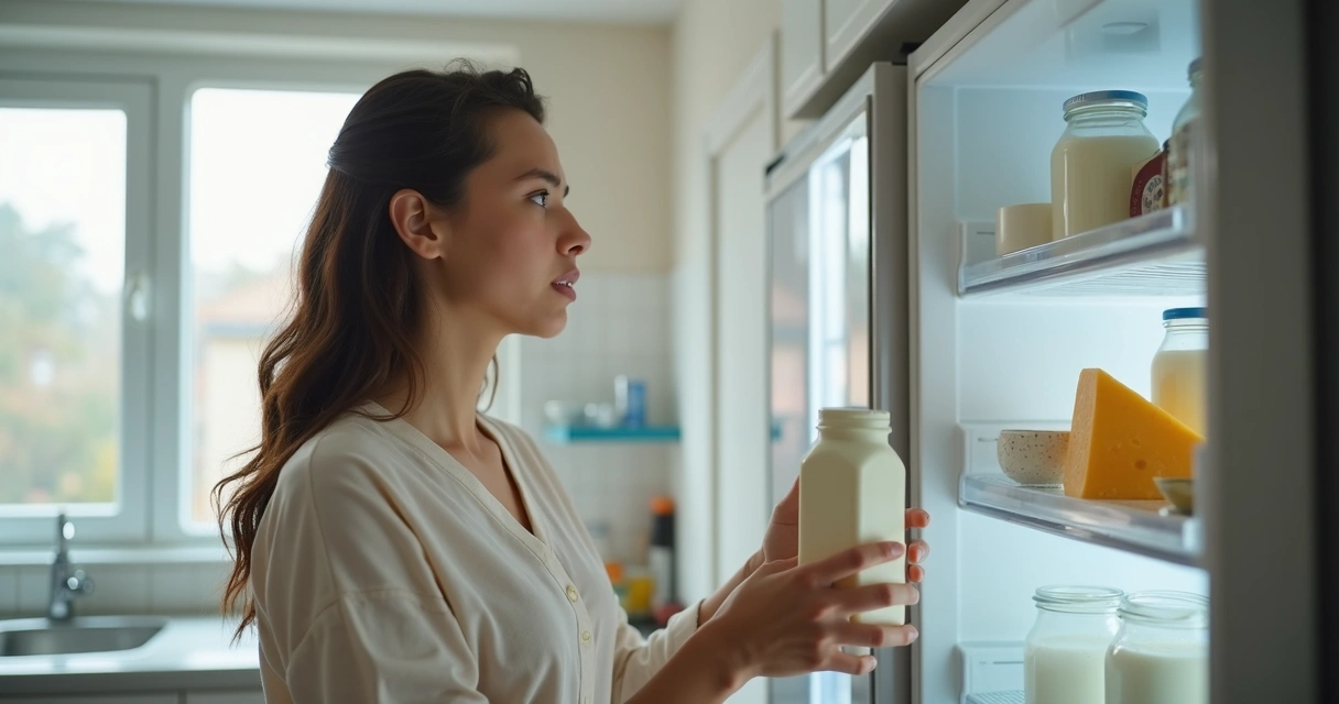 Pessoa olhando para leite em geladeira, expressão preocupada