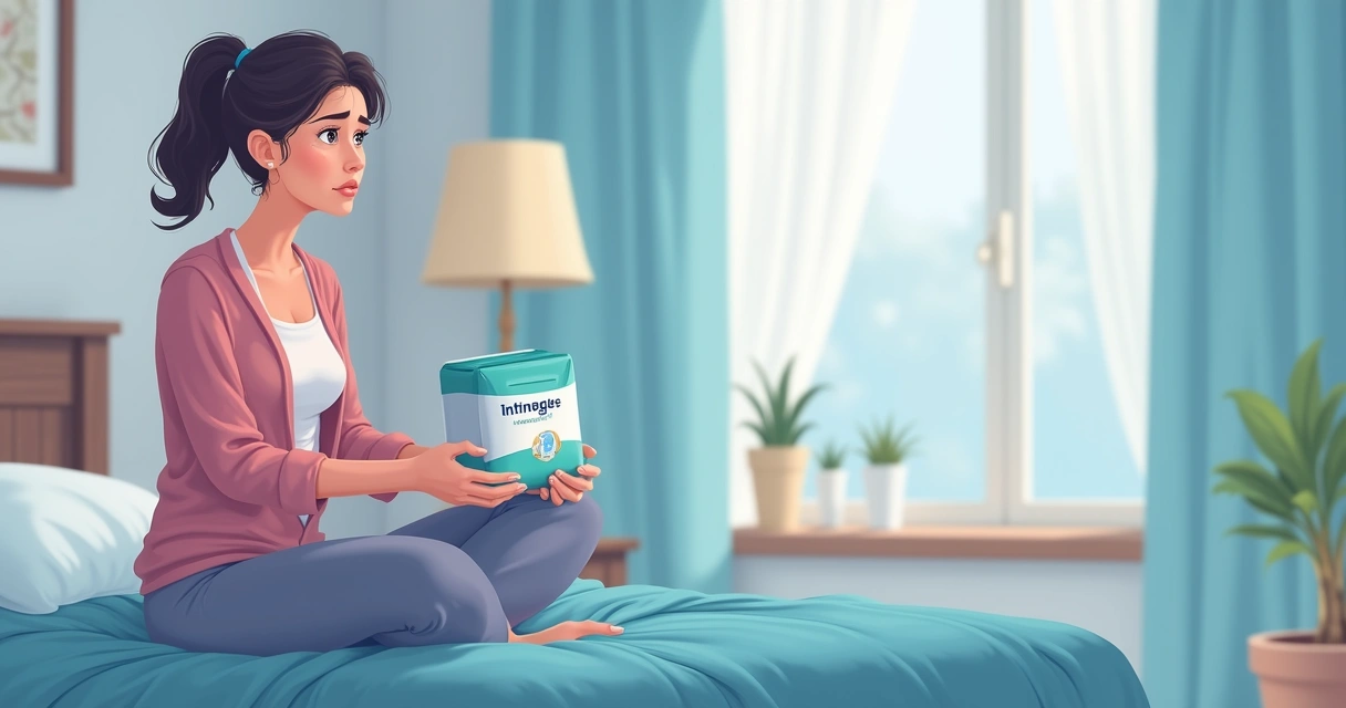 Mulher com absorvente e expressão preocupada 