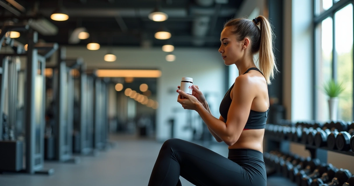 Mulher fitness segurando suplemento na academia 