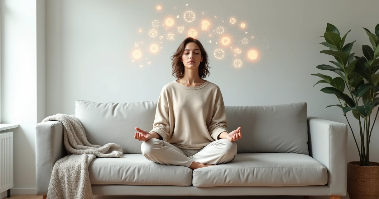 Mulher sentada em posição de meditação com traços de pensamentos se acalmando ao redor da cabeça 