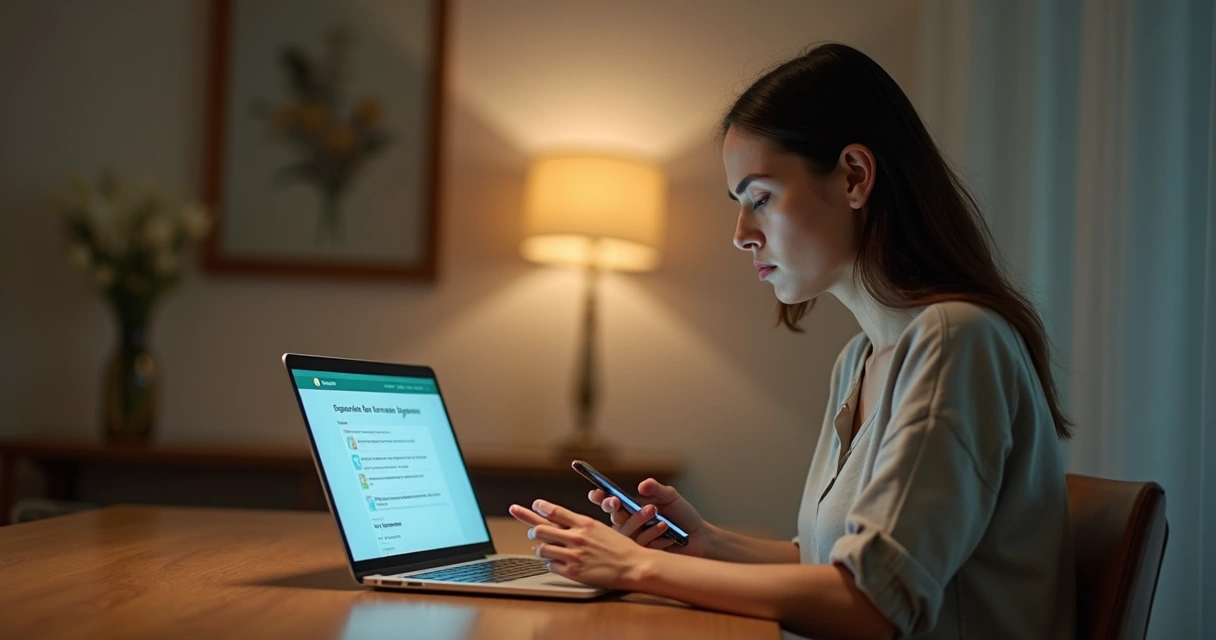 Mulher adulta usando notebook para acionar assistência funerária online em ambiente calmo 