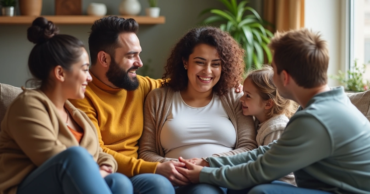 Família apoiando mulher acima do peso em casa, todos sorrindo 