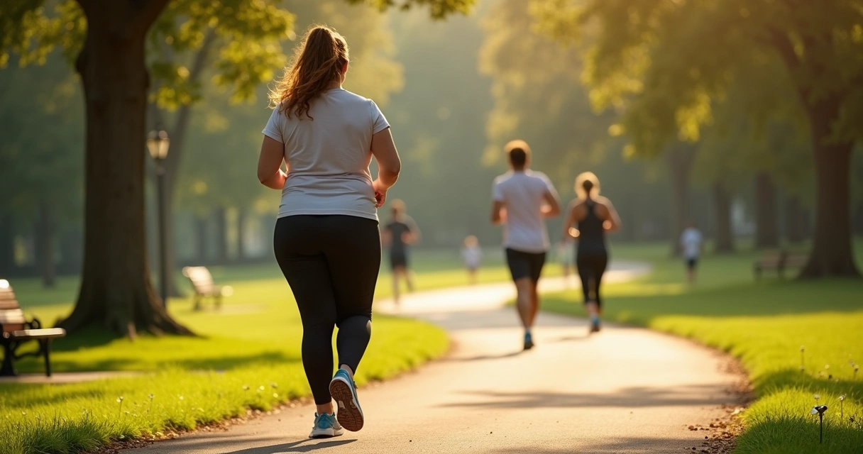 Mulher caminhando em parque para melhorar saúde metabólica
