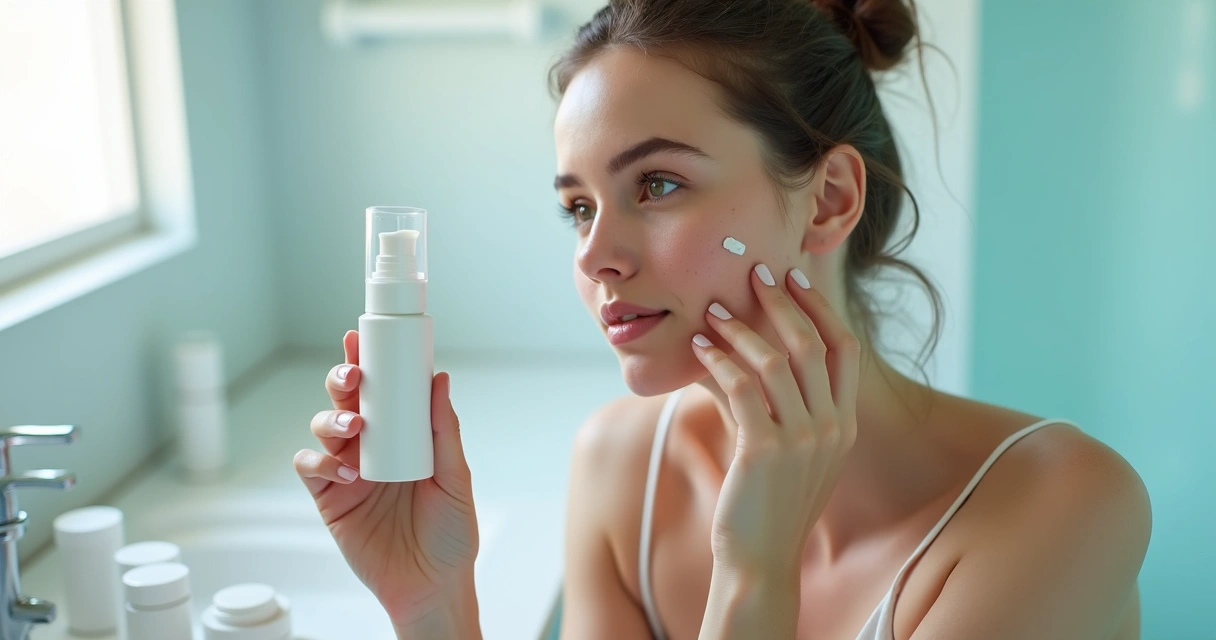 Mulher com acne leve observando textura de creme manipulado no rosto 