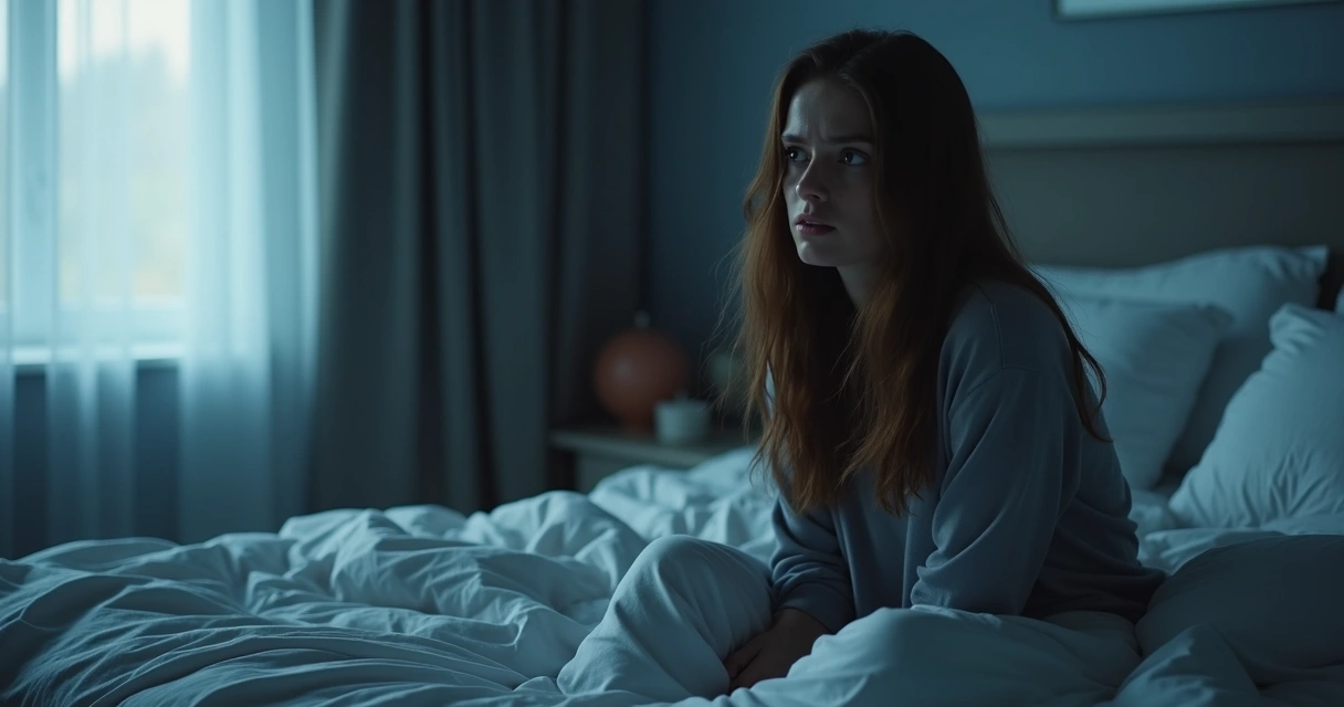Mulher acordando com expressão cansada em um quarto escuro 