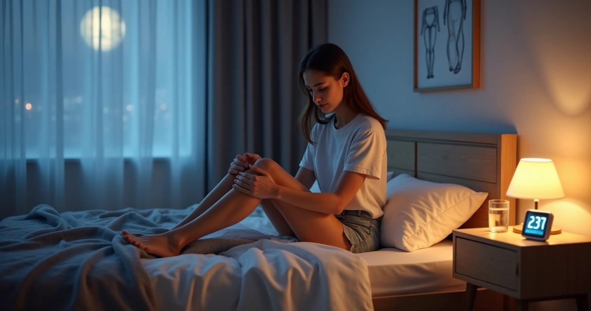Mulher acordando à noite segurando as pernas com dor na cama 