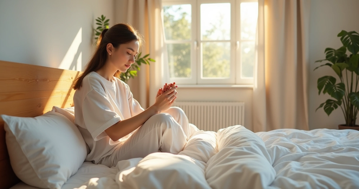 Mulher acordando pela manhã em seu quarto iluminado 