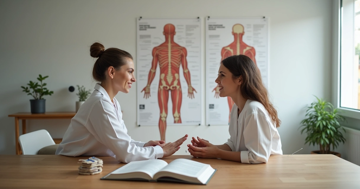 Mulher orientando sessão de acupuntura, mesa com livros e pôster anatômico ao fundo 