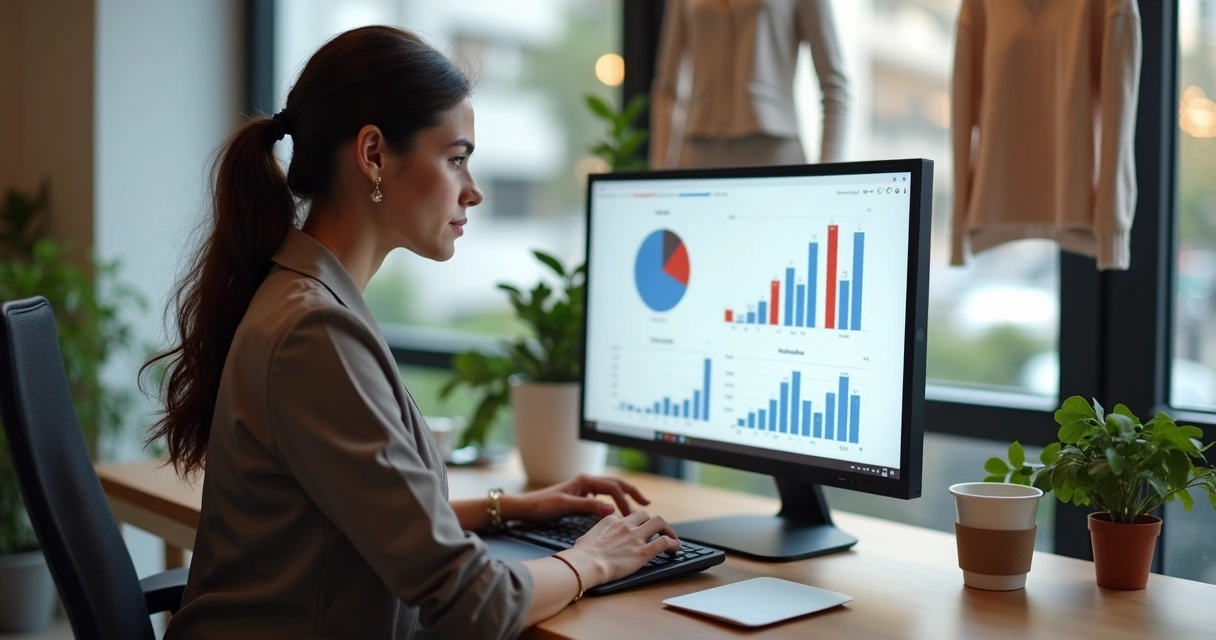 Mulher sorridente ao computador, analisando gráficos de vendas de uma loja virtual 