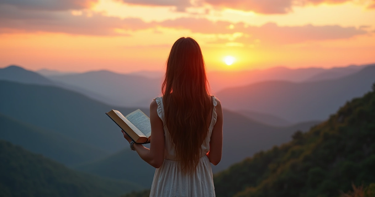 Mulher em pé admirando uma paisagem de montanhas ao pôr do sol, segurando um livro 