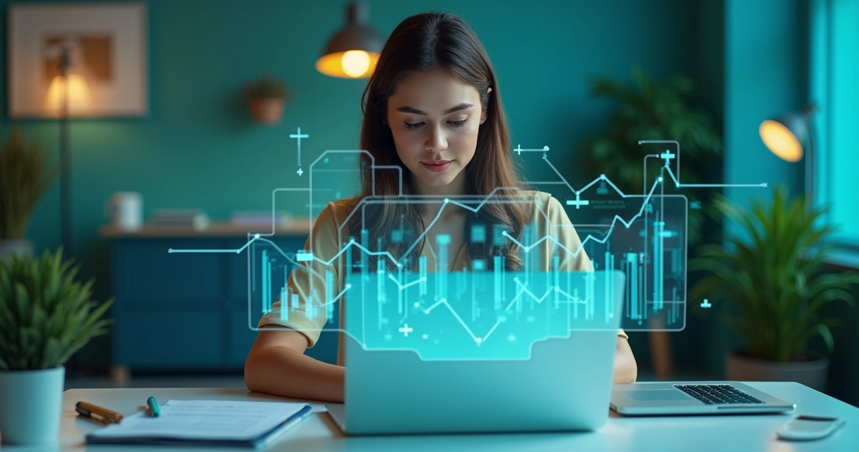 Mulher digita no notebook com gráficos de comissão na tela 