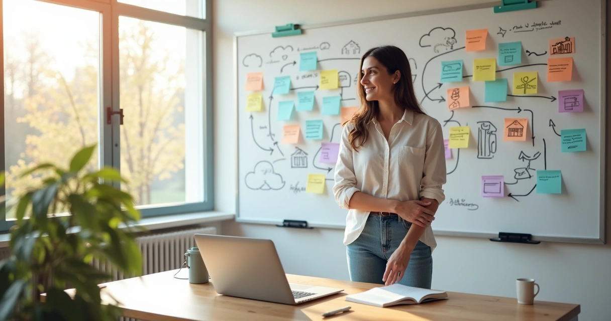 Mulher afiliada analisando estratégias SaaS em quadro branco com ícones de software em nuvem 