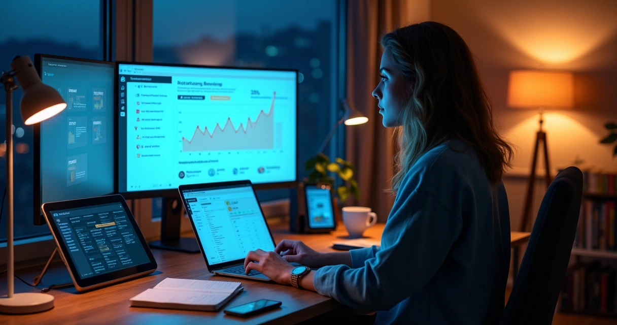Afiliada em home office analisando painel de hospedagem e comissões no notebook 