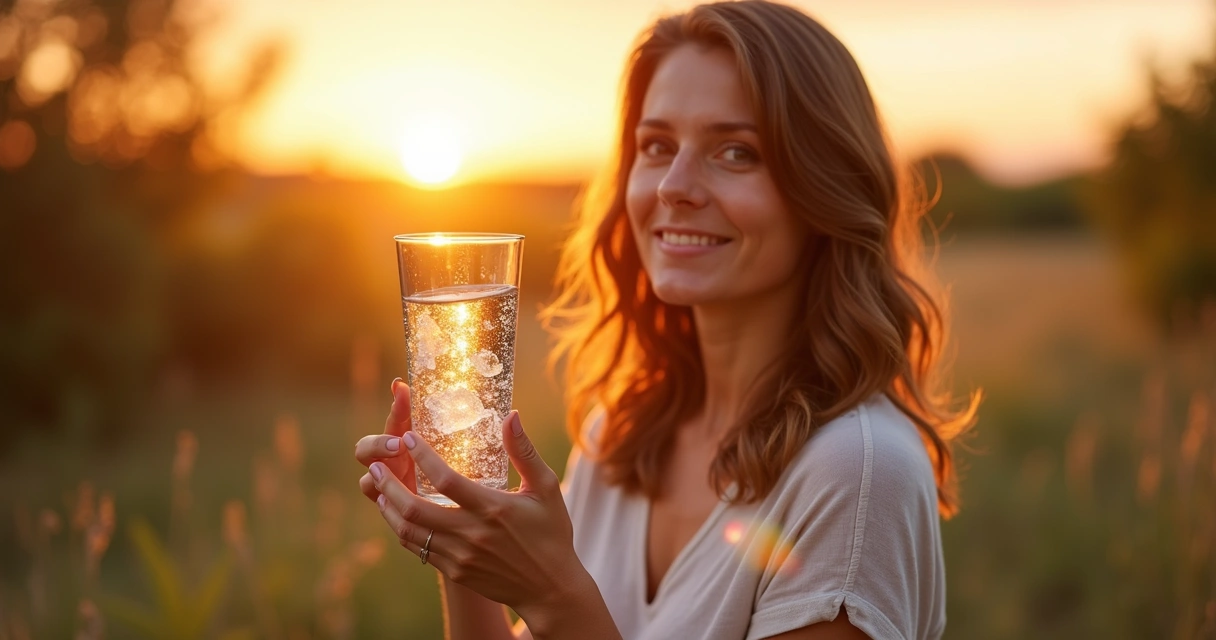 Mulher segurando copo de água solarizada com cristal ao pôr do sol 