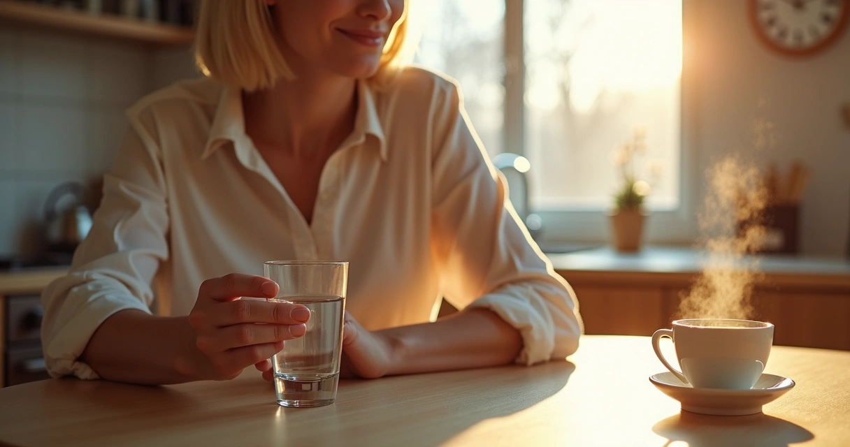 Mulher tomando remédio com copo de água e xícara de café ao lado 