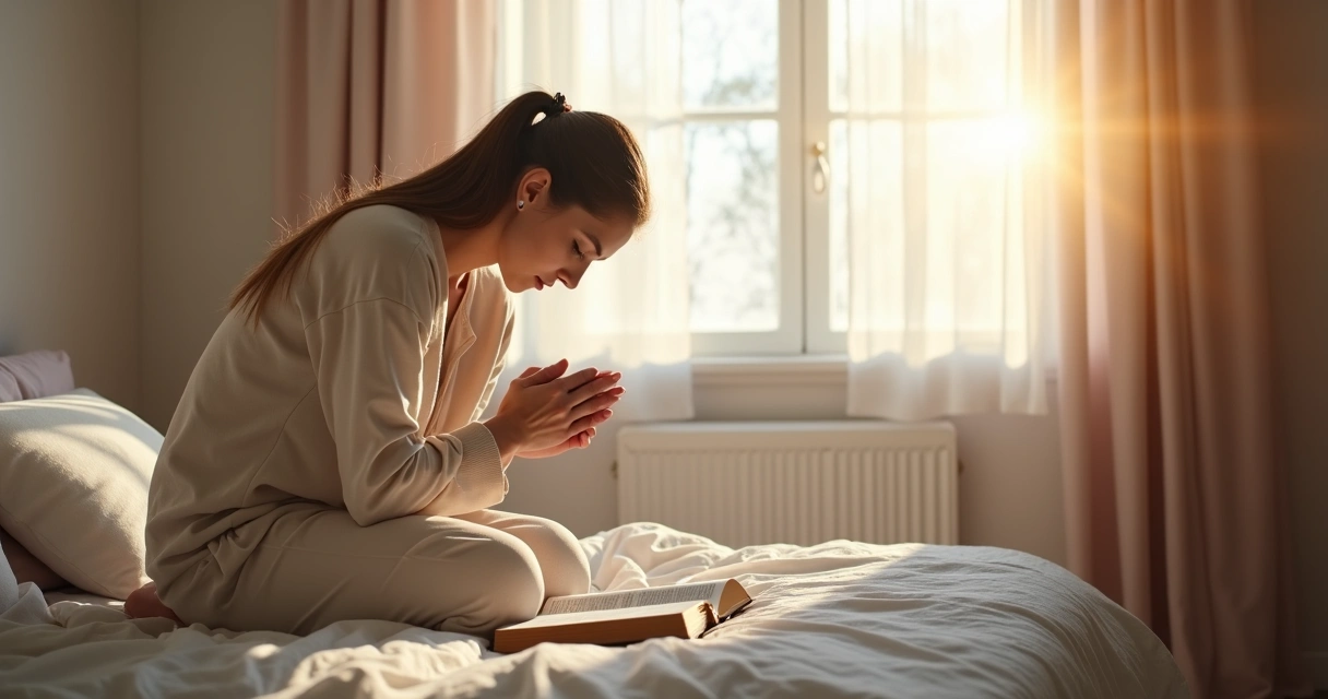 Mulher ajoelhada em oração em um quarto iluminado 