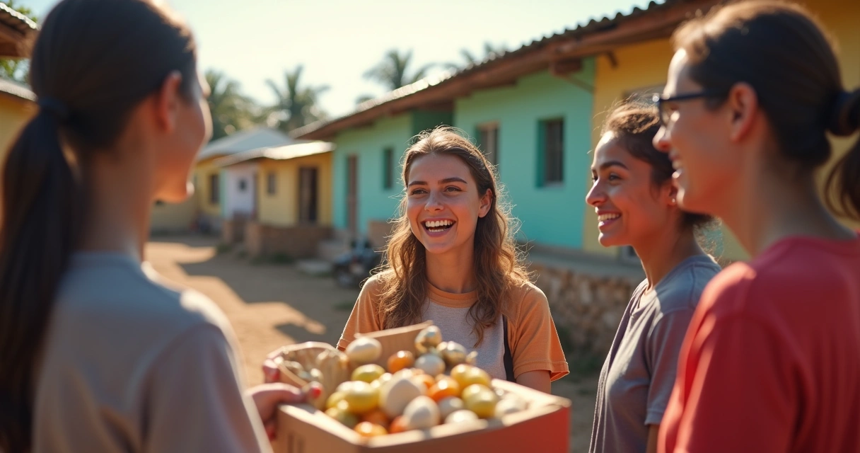 Mulher entregando alimentos para pessoas da comunidade 