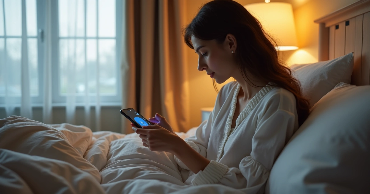 Mulher ajustando o alarme do celular ao lado de uma cama para se adaptar ao fuso horário