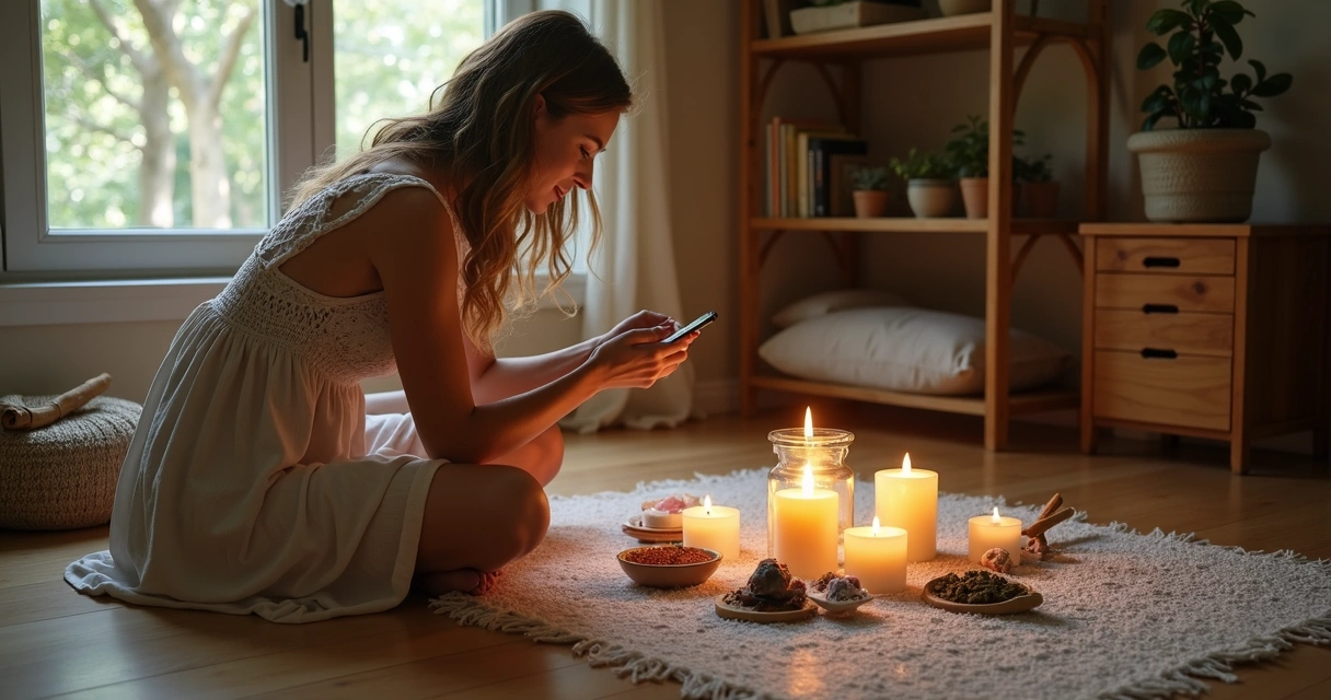 Mulher alerta afastando celular durante ritual 