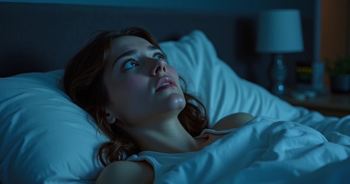 Mulher deitada na cama de olhos abertos olhando para o teto à noite 