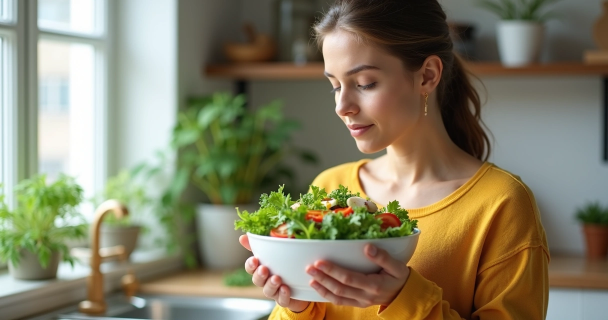 Mulher segurando tigela de salada enquanto aprecia o aroma do alimento 