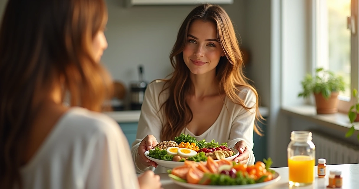 Mulher segura prato colorido com alimentos saudáveis na frente de espelho 